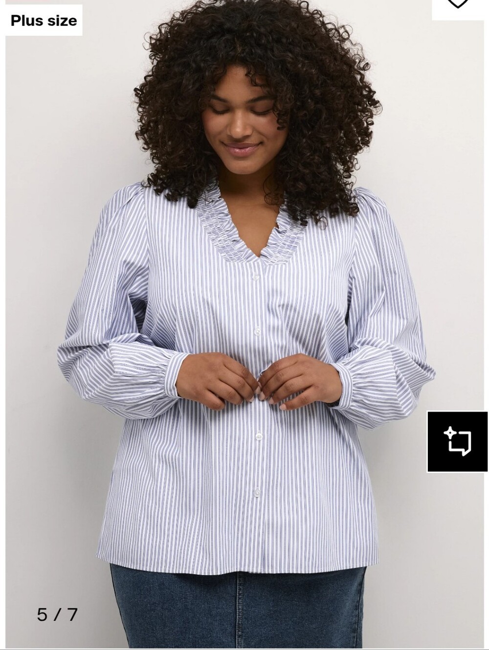 Kaffe Curve Plus Size 20/22: White Blue Pinstripe Ruffle Collar Button Down